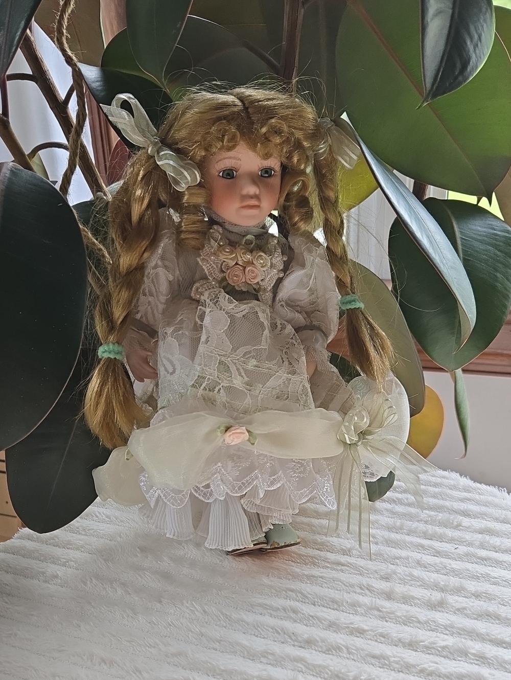 Porcelain Collectible Doll - Cream Lace Dress with Blonde Braids